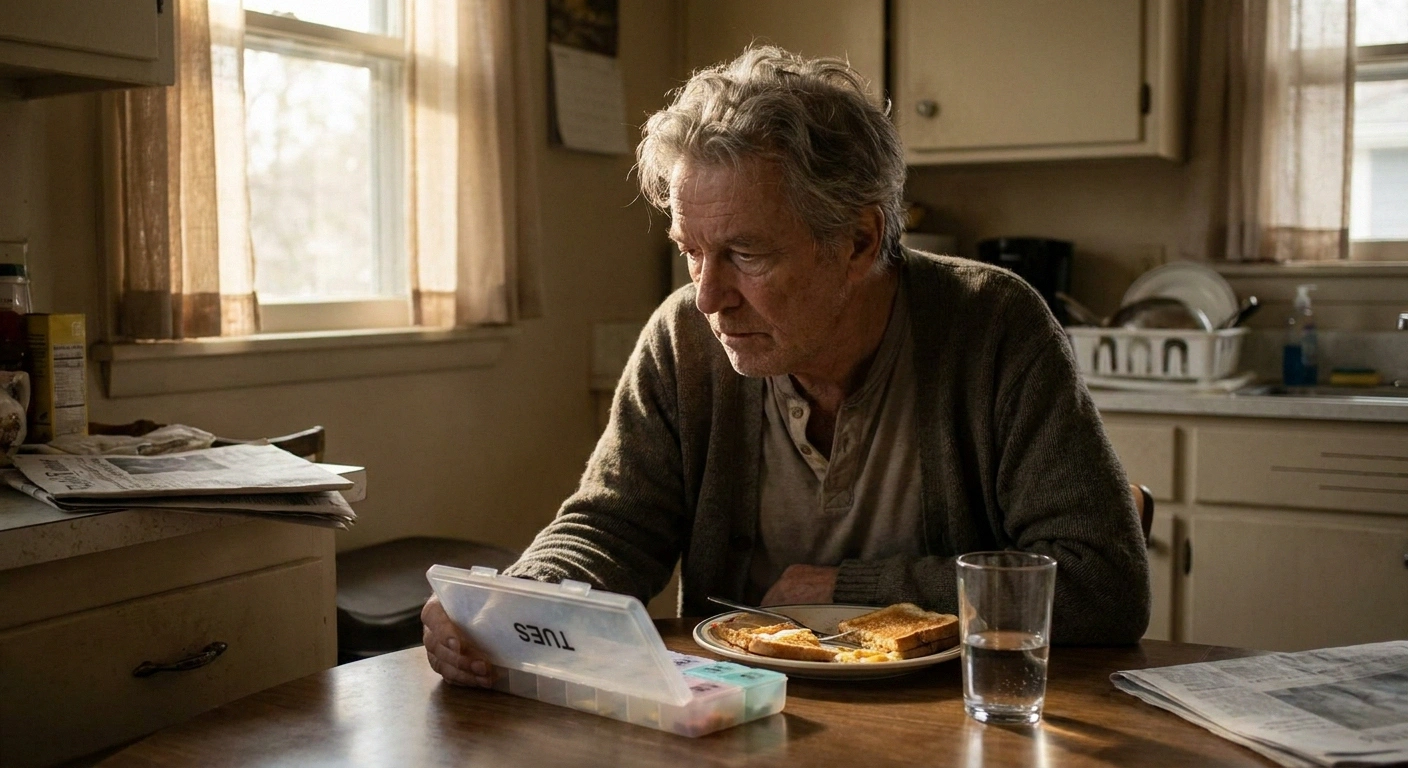 Older man at a kitchen table with a weekly pill organizer in morning light.