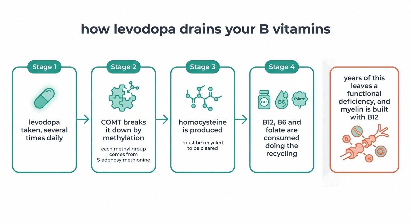 Four-stage diagram showing levodopa metabolism depleting B12, B6 and folate.