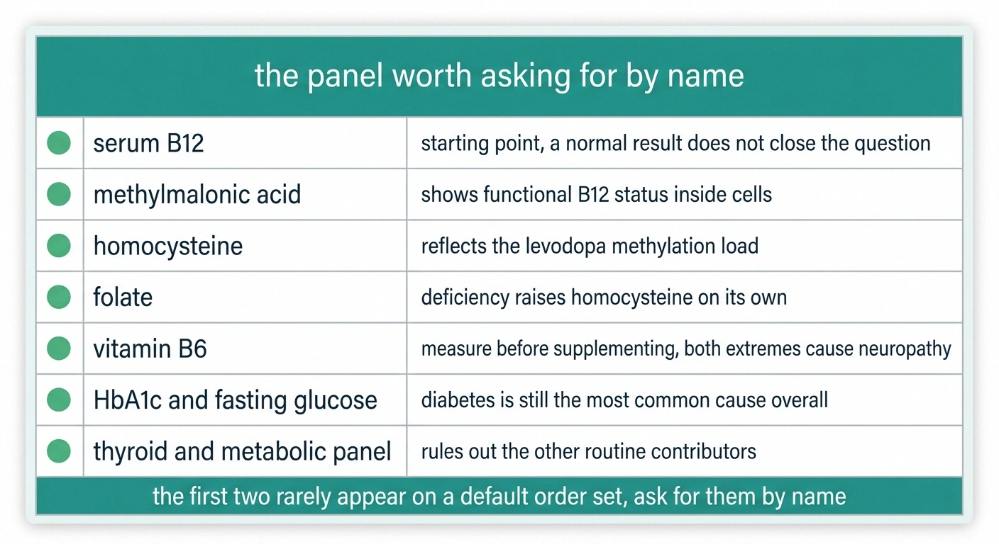Reference card listing seven blood tests to request for levodopa-related neuropathy.