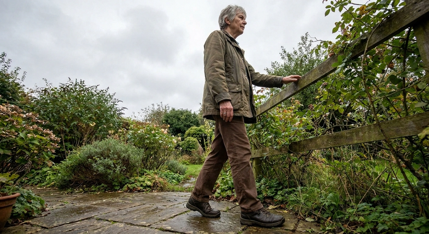 Woman walking a garden path with one hand resting lightly on a fence rail.