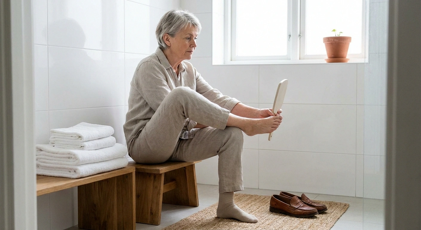 Older woman checking the sole of her foot with a hand mirror