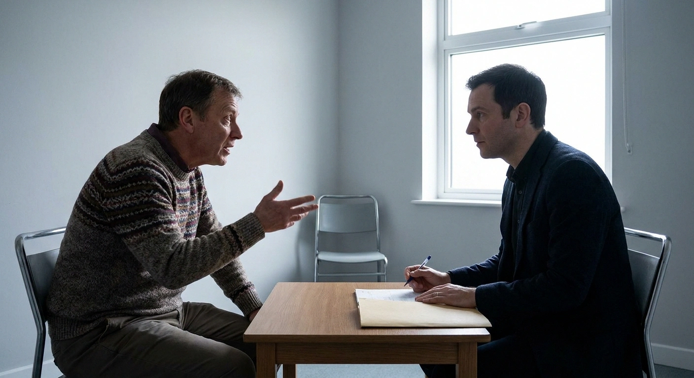 Patient speaking with a clinician across a table in a plain daylit room