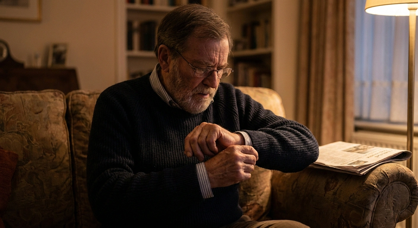 Older man concentrating while fastening a shirt cuff button under warm lamplight