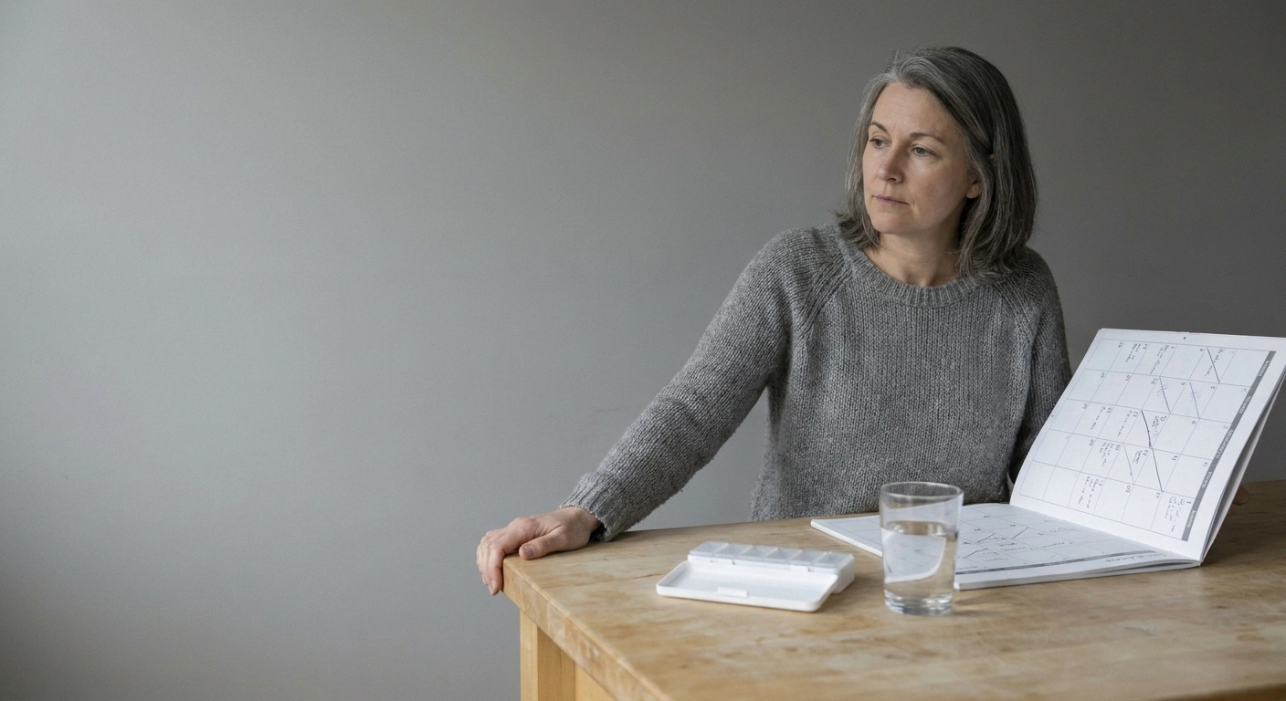 Woman at kitchen counter looking at a wall calendar marked across many weeks