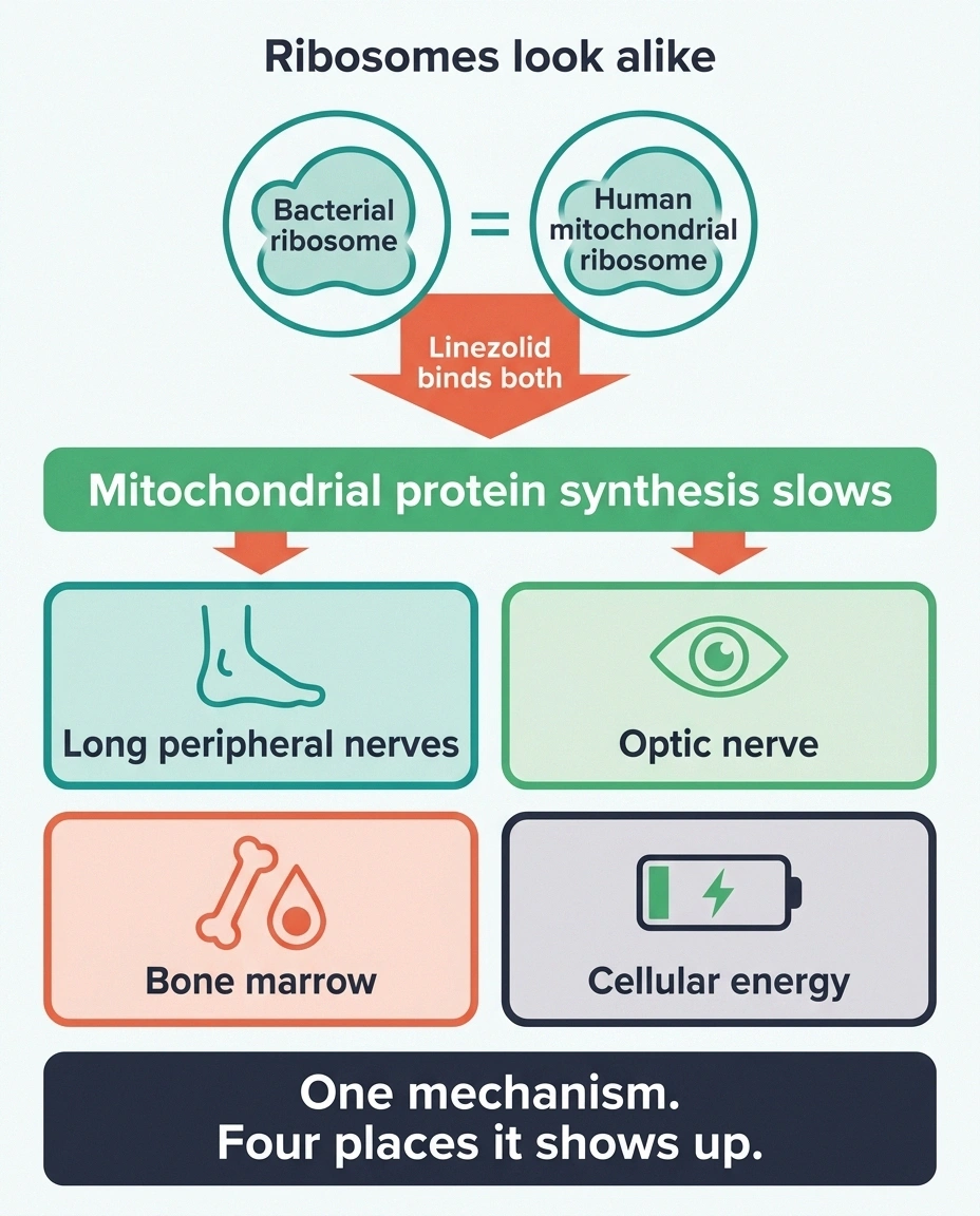 Diagram showing linezolid affecting mitochondrial ribosomes and four resulting effects
