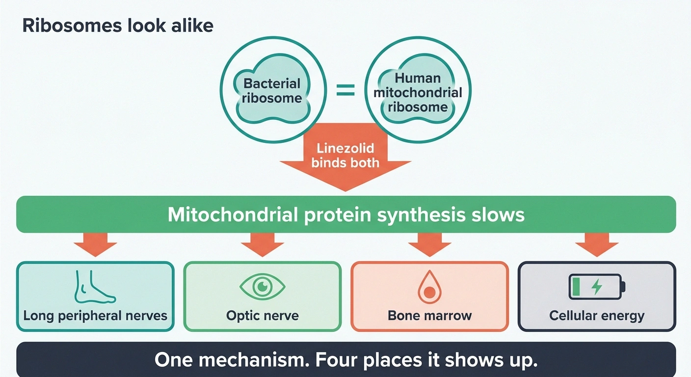 Diagram showing linezolid affecting mitochondrial ribosomes and four resulting effects