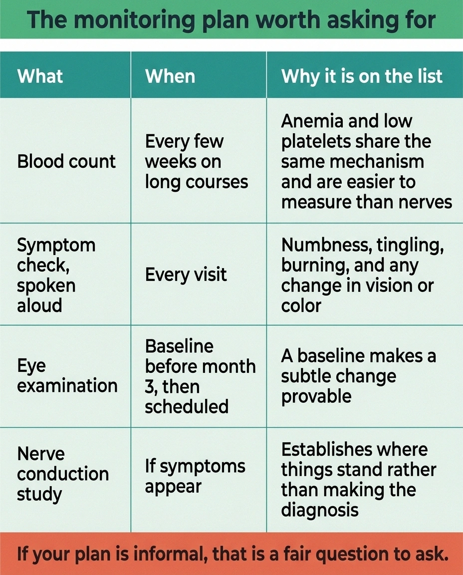 Reference grid listing four linezolid monitoring checks with timing and purpose