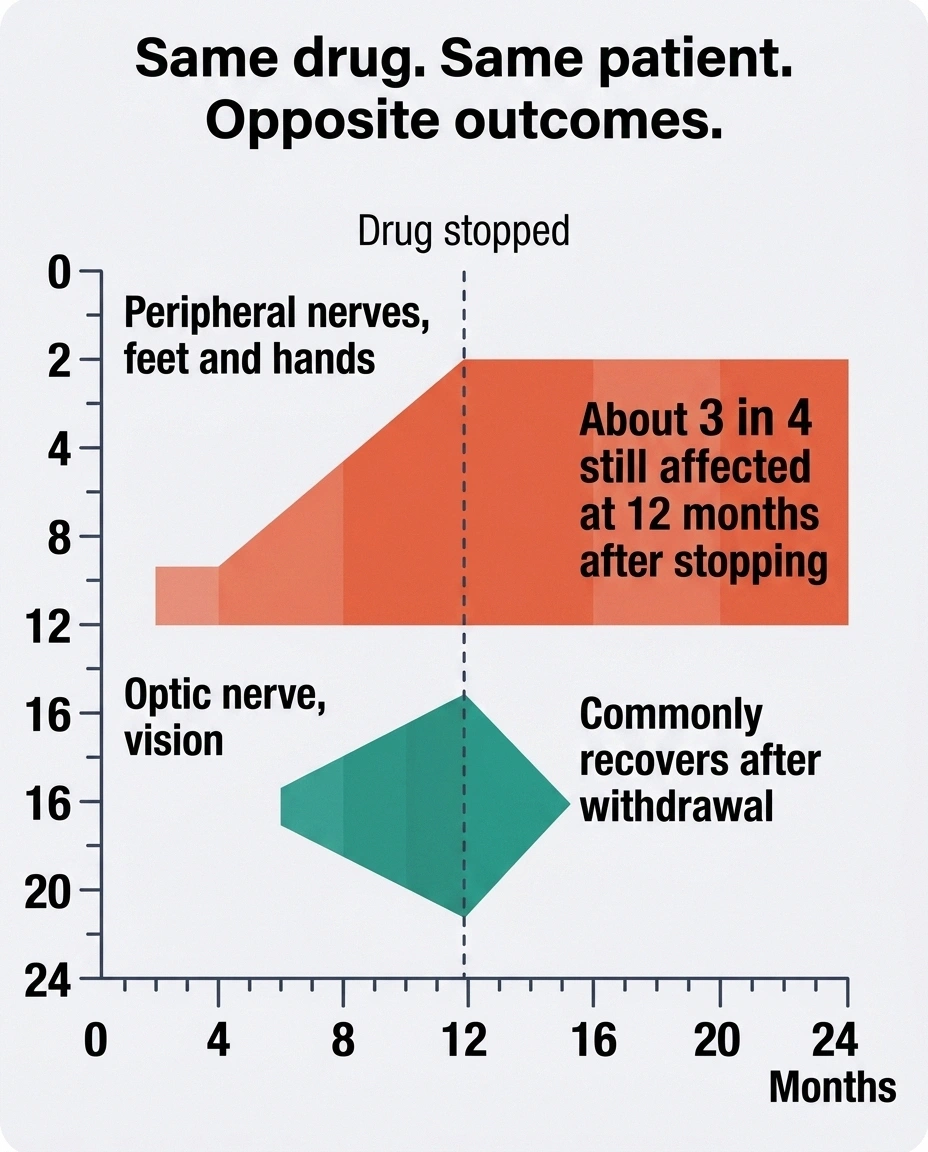 Timeline comparing lasting peripheral nerve damage with recovering optic nerve damage