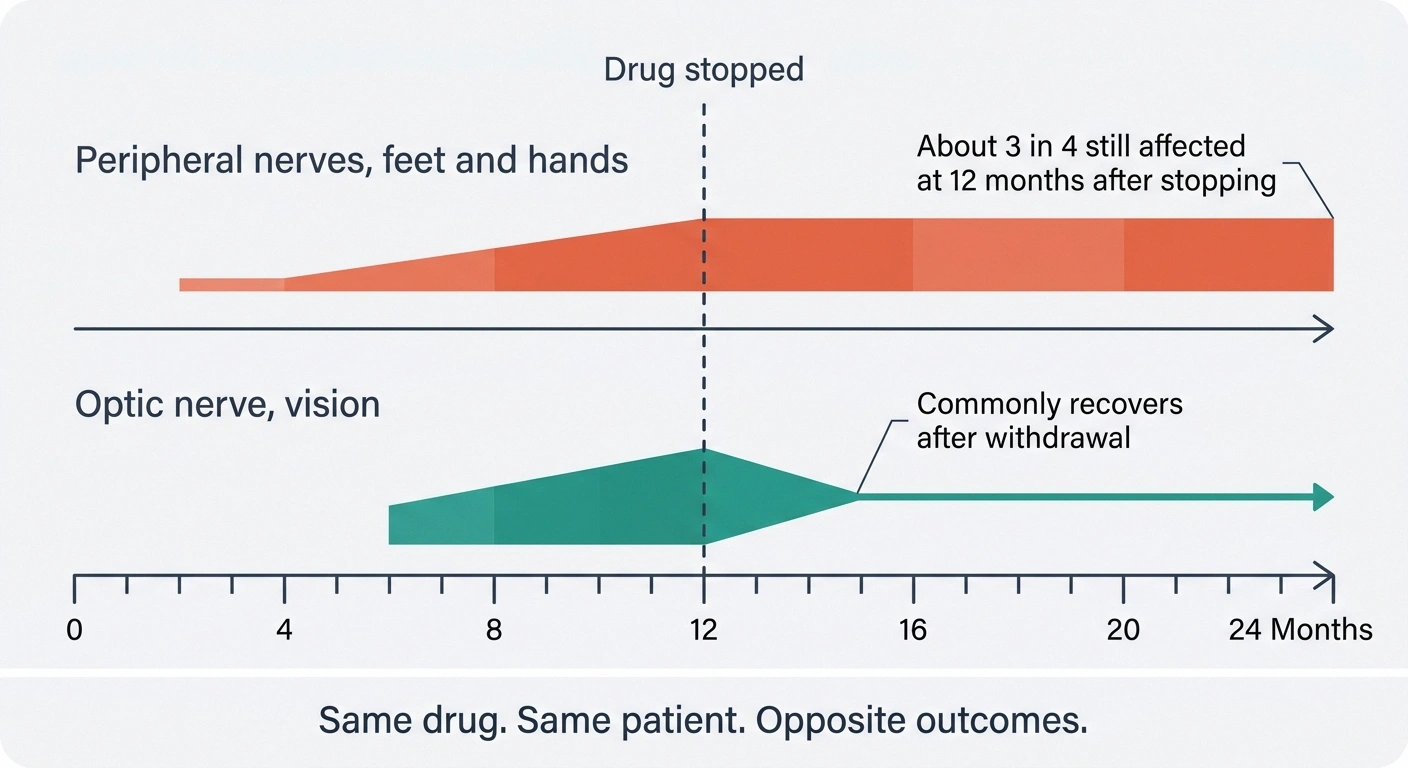 Timeline comparing lasting peripheral nerve damage with recovering optic nerve damage
