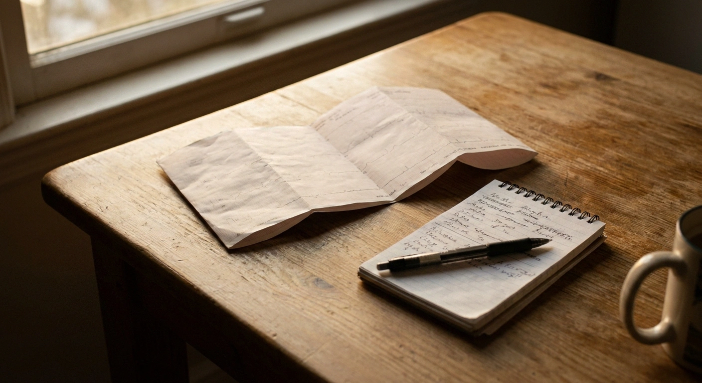A folded results printout and an open notepad on a kitchen table in afternoon light