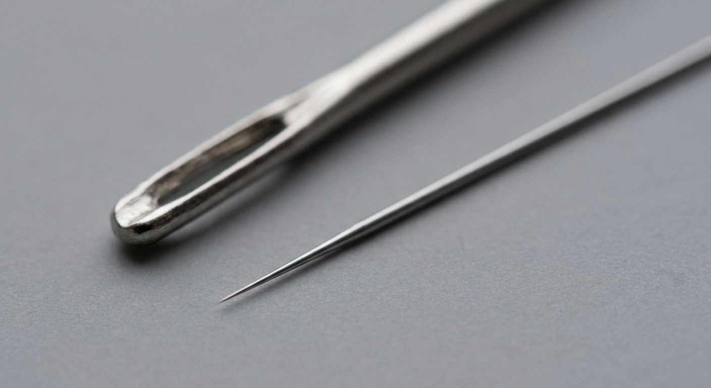 Macro photograph comparing a hair-fine microelectrode with a standard sewing needle