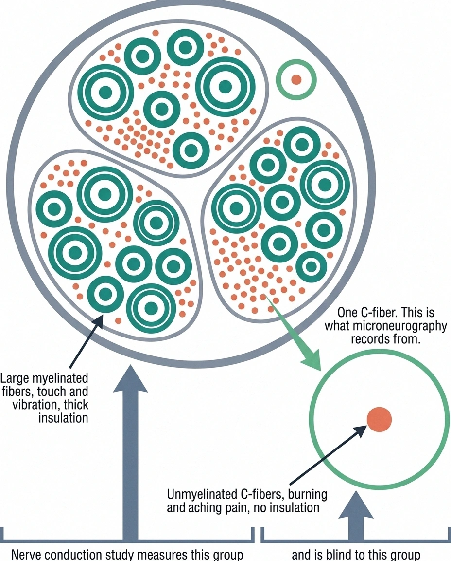 Nerve cross-section comparing large myelinated fibers with much smaller unmyelinated C-fibers