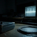 A signal monitor showing sharp spikes on a flat trace in a darkened laboratory