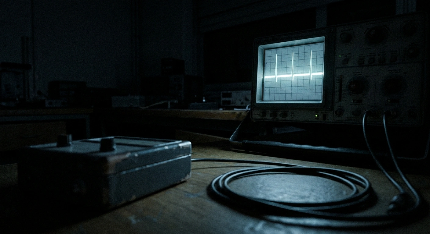 A signal monitor showing sharp spikes on a flat trace in a darkened laboratory