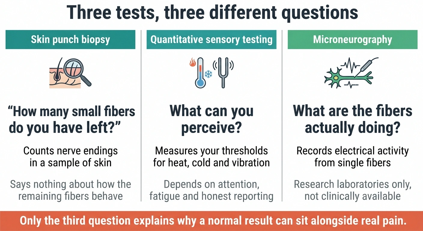 Three-column comparison of skin biopsy, sensory testing and microneurography