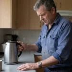 Man at a kitchen counter looking at his own hand resting flat beside a kettle.
