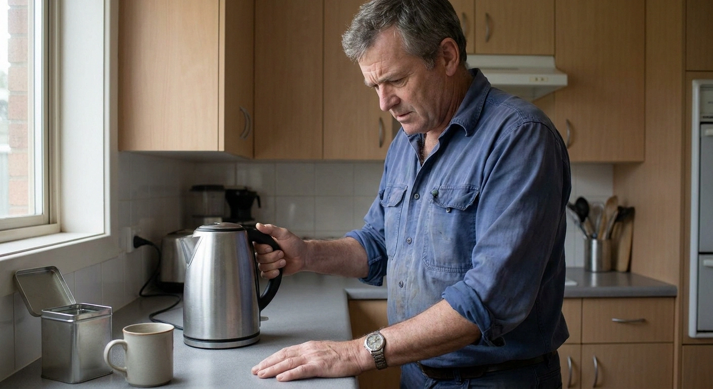 Man at a kitchen counter looking at his own hand resting flat beside a kettle.
