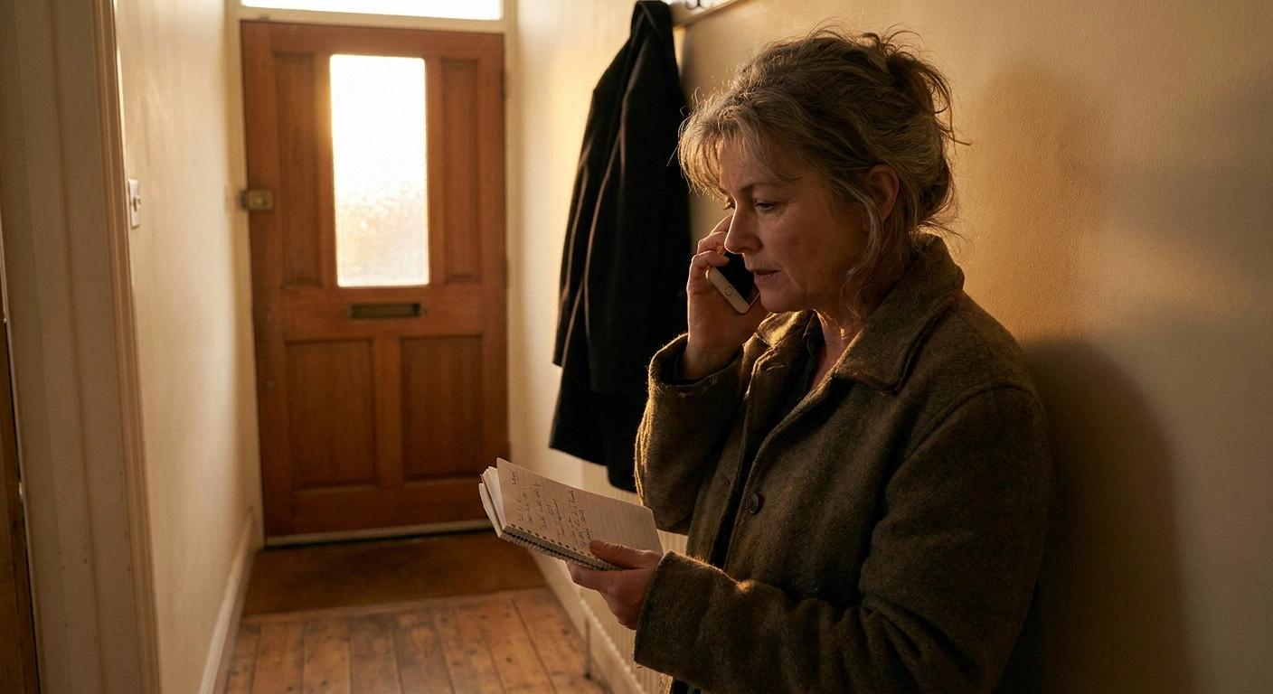 Woman on the phone in a hallway holding an open notebook with written notes.