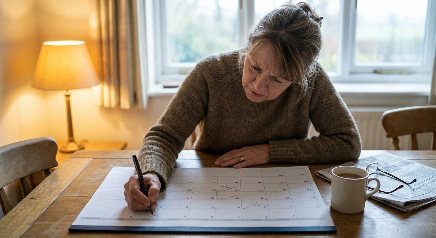 Woman noting a date on a paper wall planner at a dining table.