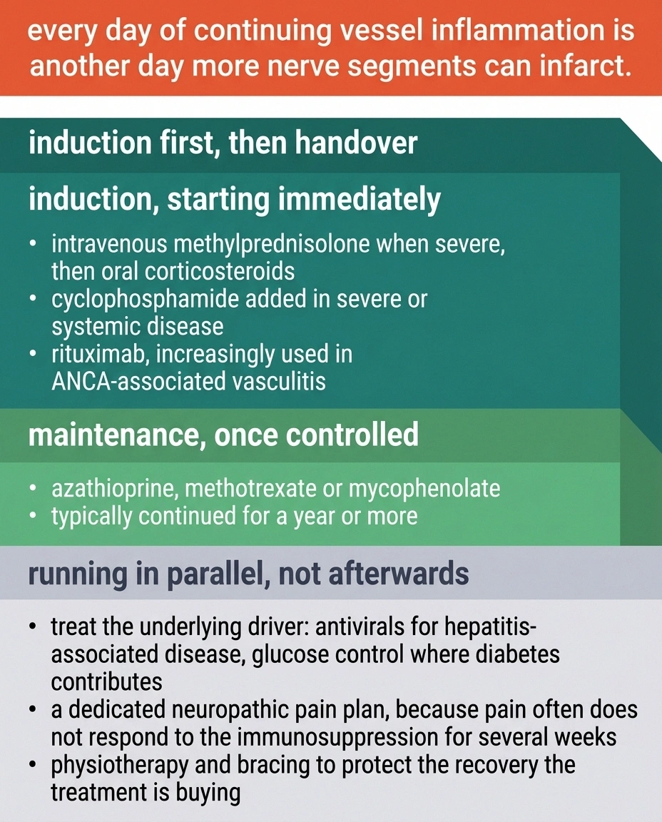 Stepped chart showing induction immunosuppression, maintenance therapy, and parallel supportive care.
