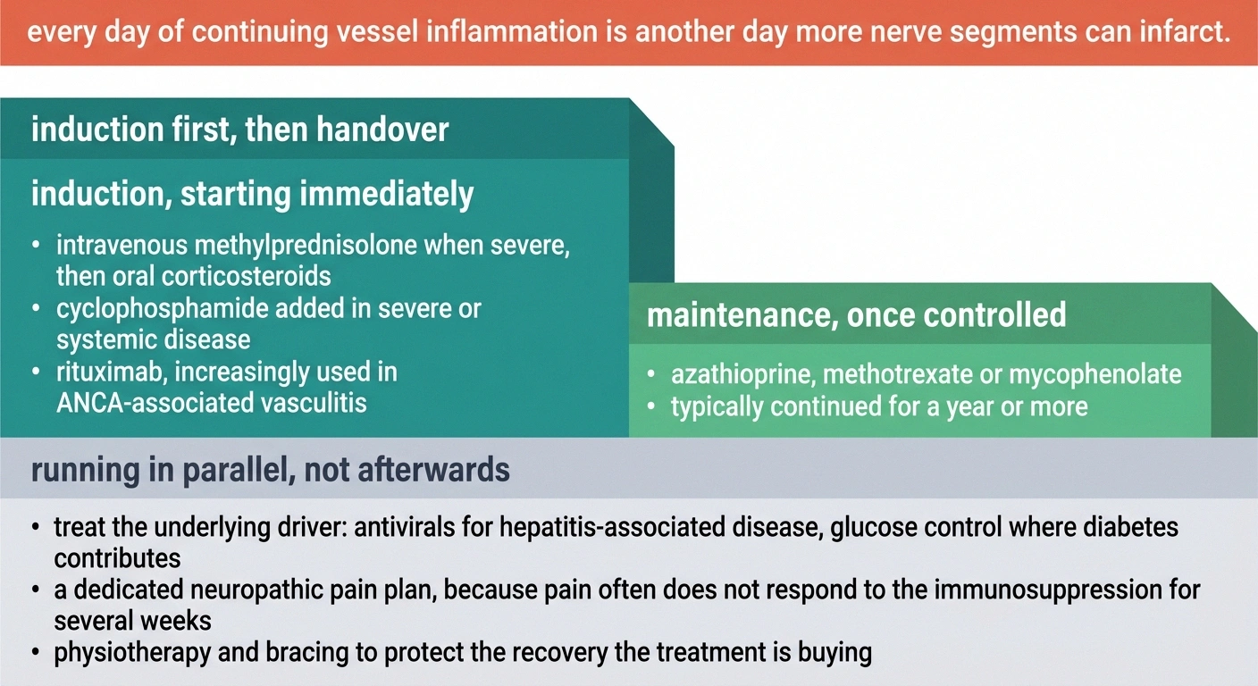 Stepped chart showing induction immunosuppression, maintenance therapy, and parallel supportive care.