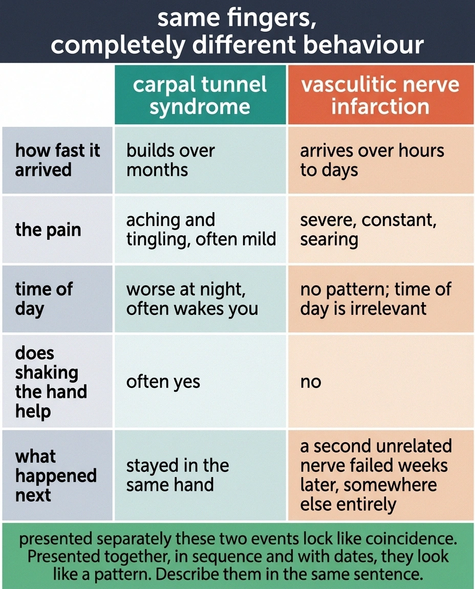 Comparison table contrasting carpal tunnel syndrome with vasculitic nerve infarction across five behaviours.