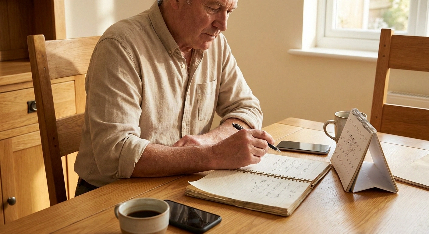 Man writing in a notebook at a dining table with a wall calendar beside him.