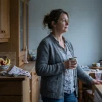 Woman standing at a kitchen window holding a mug in soft morning light.