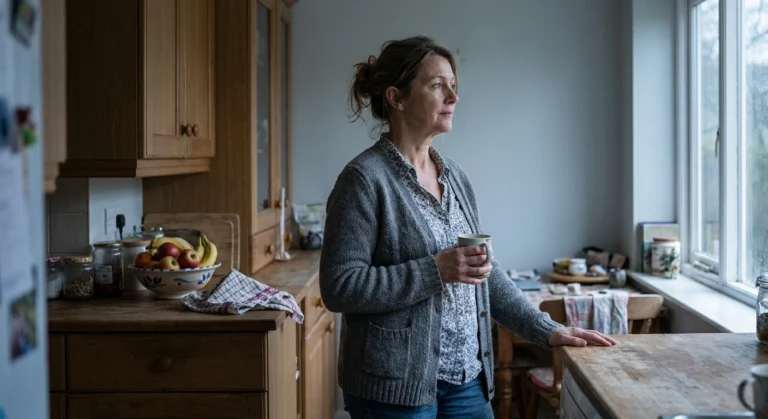 Woman standing at a kitchen window holding a mug in soft morning light.