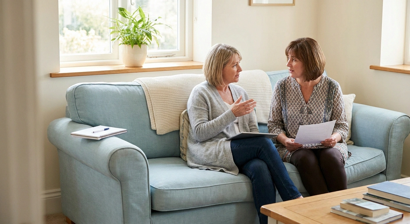 Two women sitting on a sofa discussing printed information and a tablet in a bright living room.