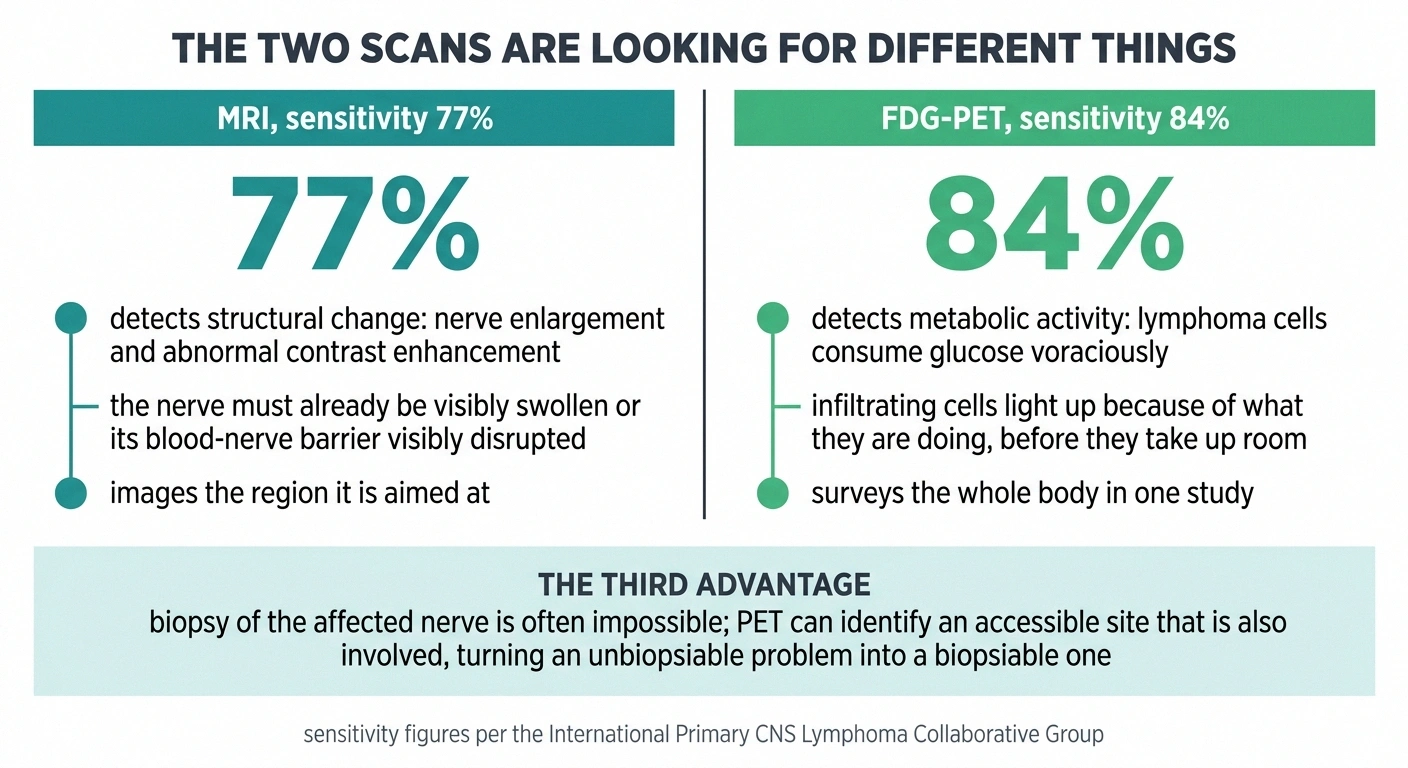 Comparison chart showing FDG-PET at 84 percent sensitivity against MRI at 77 percent and what each detects.