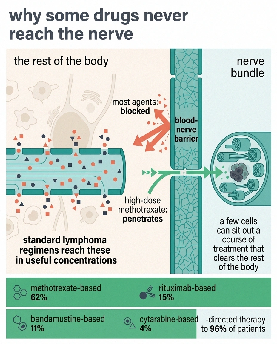 Schematic showing the blood-nerve barrier blocking most drugs while high-dose methotrexate penetrates.
