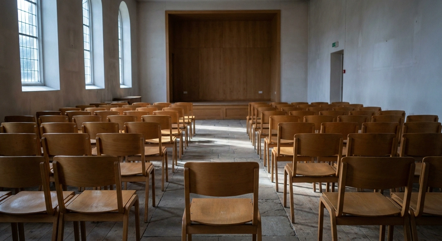 Empty hall with rows of seats and daylight falling across the back aisle.