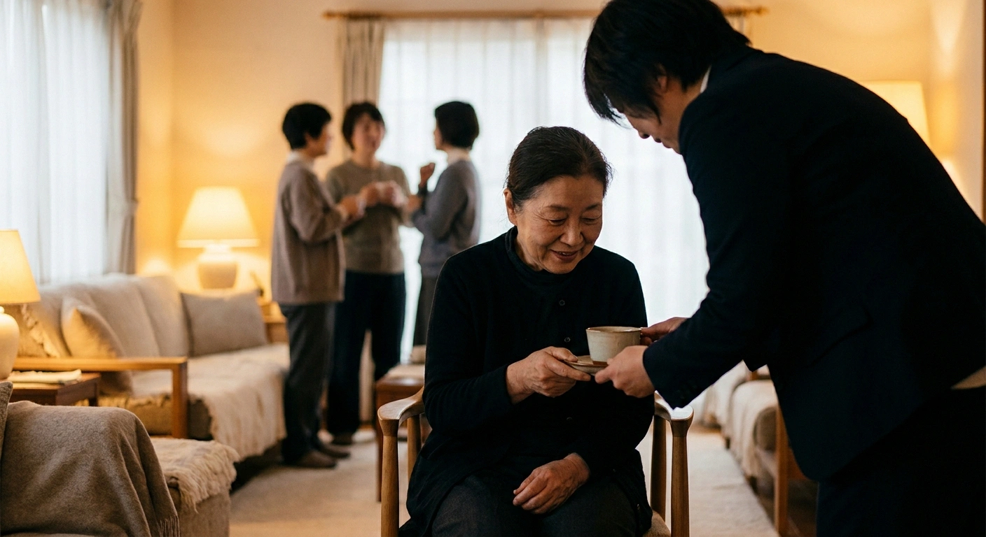 Seated woman being handed a cup of tea by someone leaning down beside her.