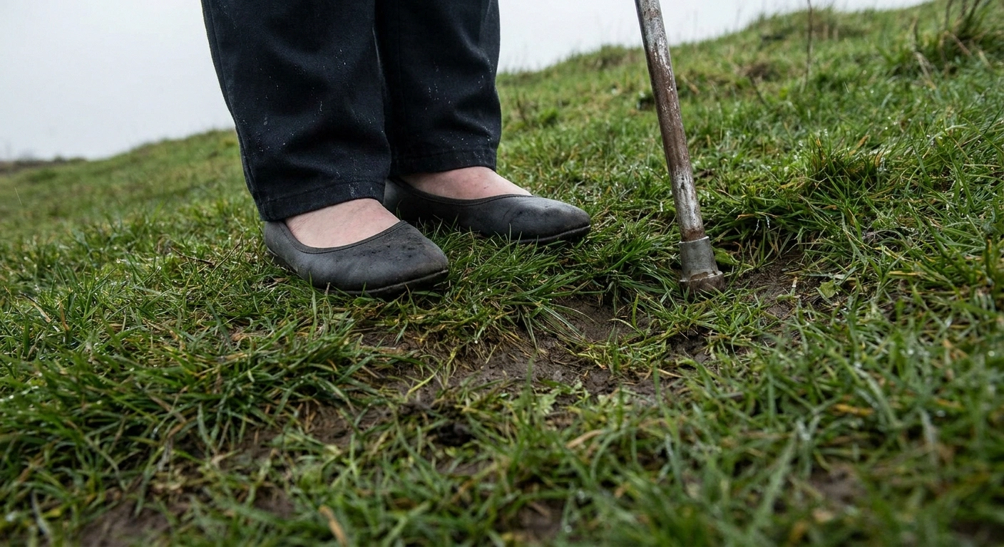 Dark flat shoes and a walking stick tip standing on uneven grass.
