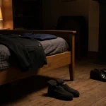 Dark clothes laid out on a bed with cushioned flat shoes beside it.