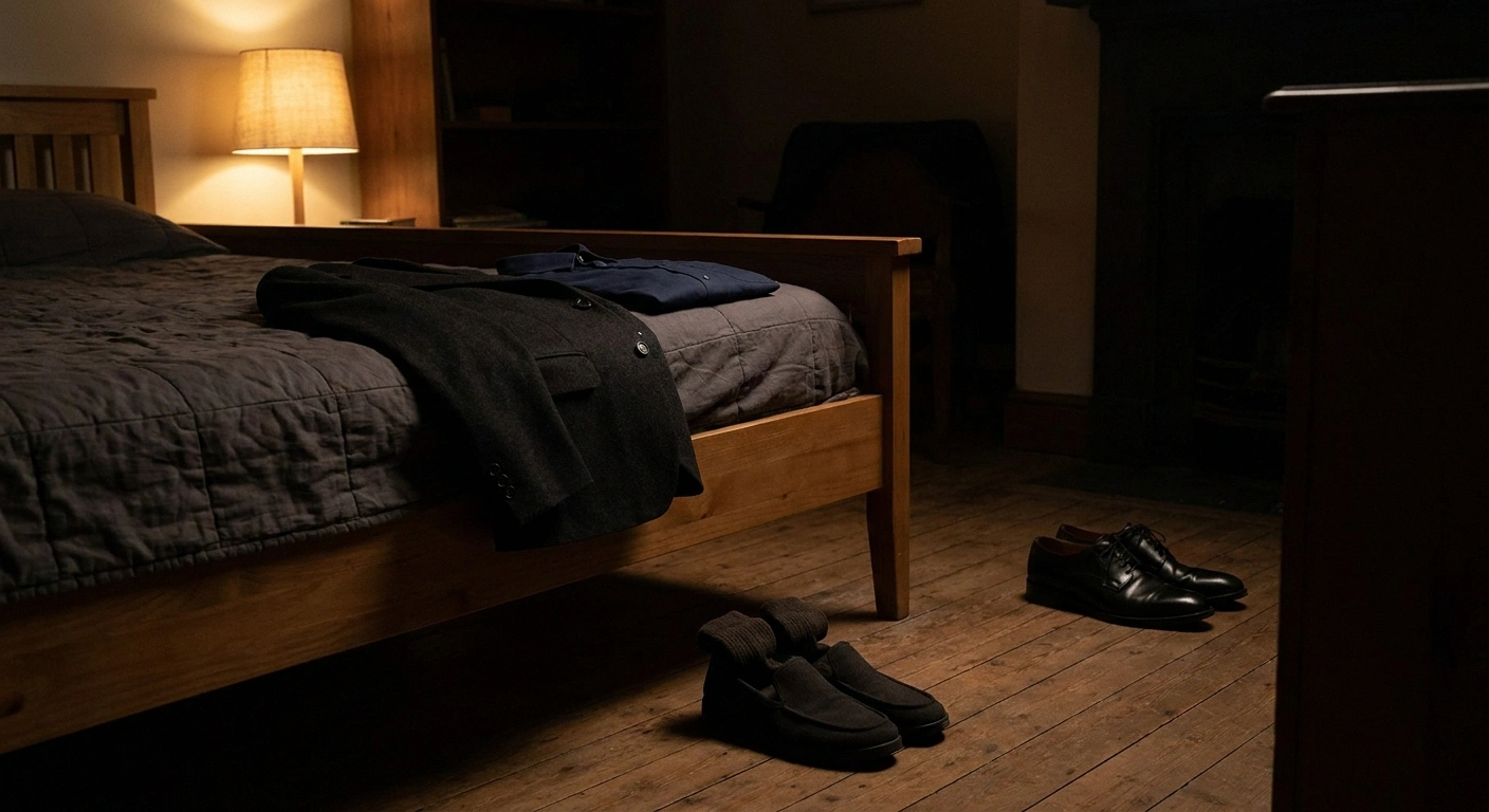 Dark clothes laid out on a bed with cushioned flat shoes beside it.