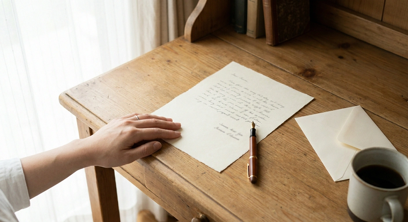 Part-written handwritten letter and envelope on a desk by a bright window.