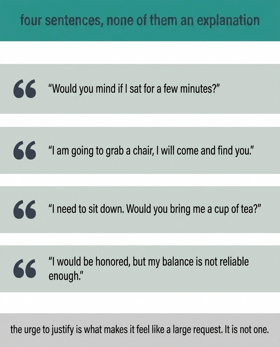Card listing four short sentences for asking to sit down at a funeral.