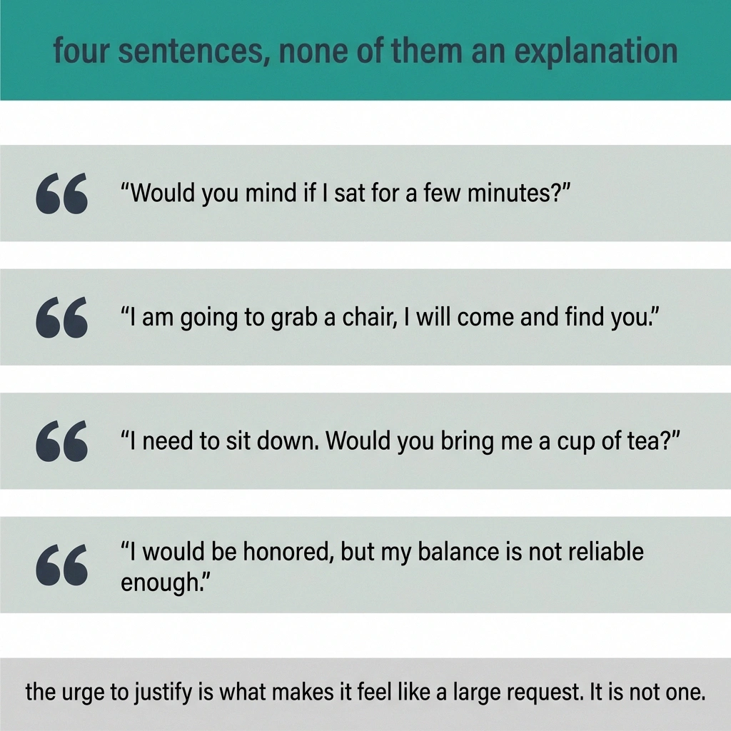 Card listing four short sentences for asking to sit down at a funeral.
