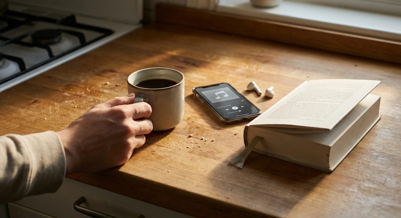 Phone playing an audiobook beside a coffee mug and the print edition