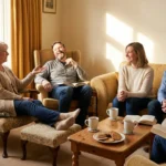 Small group of adults in armchairs mid-discussion with open books and tea