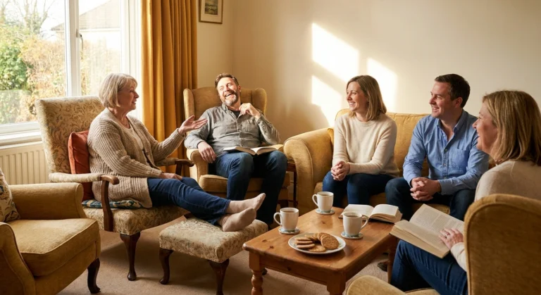 Small group of adults in armchairs mid-discussion with open books and tea