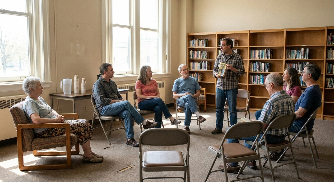 Book club meeting in a bright library room with stacking chairs