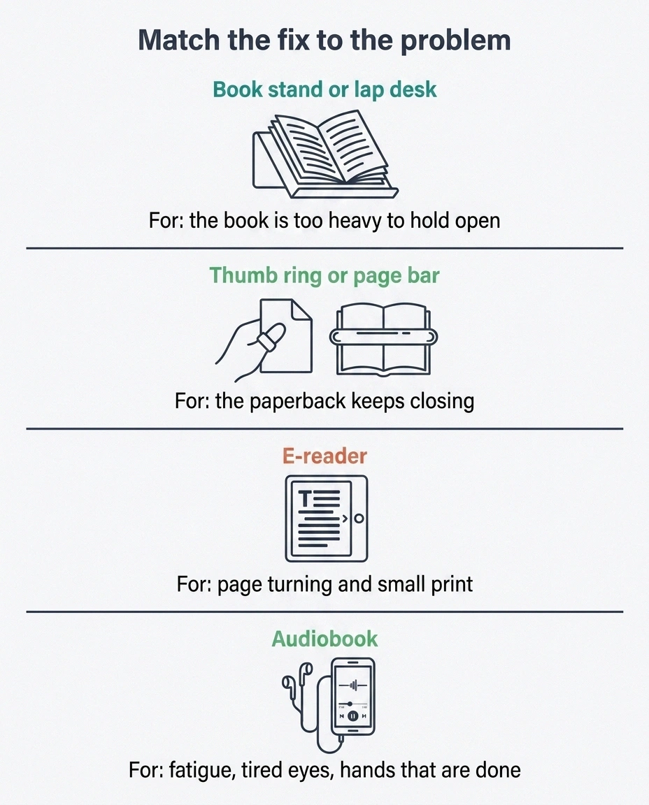 Four-quadrant diagram of book stand, page holder, e-reader and audiobook fixes