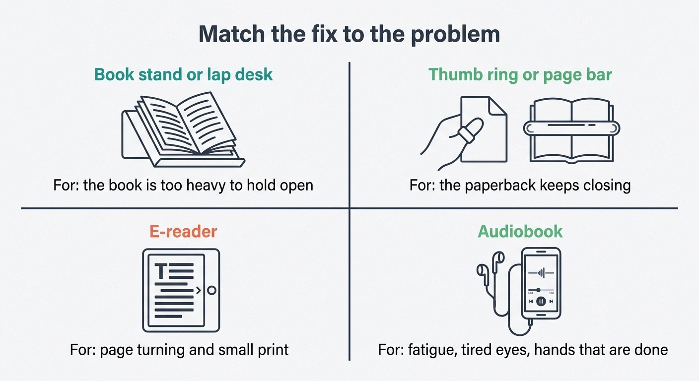 Four-quadrant diagram of book stand, page holder, e-reader and audiobook fixes