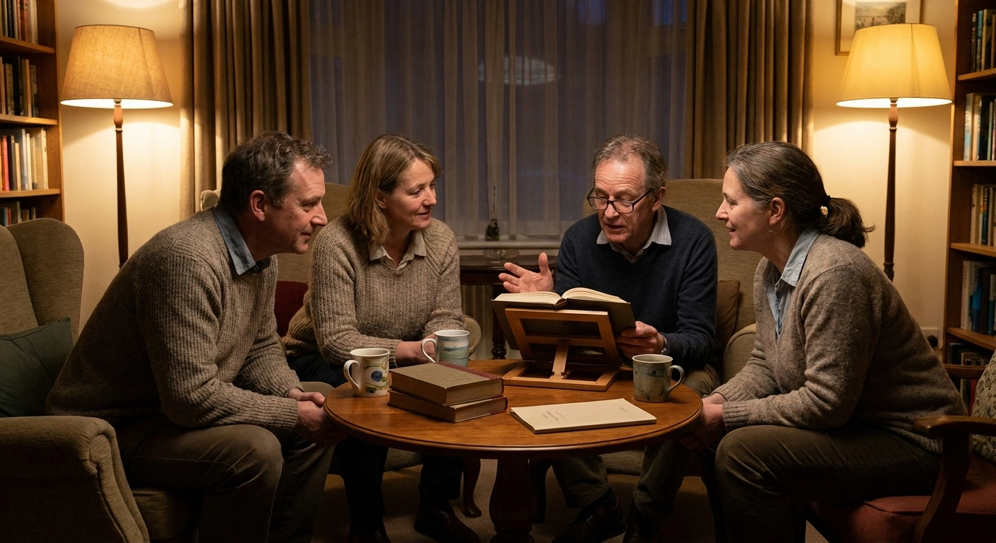 Four people around a small table in lamplight, one reading aloud from a stand
