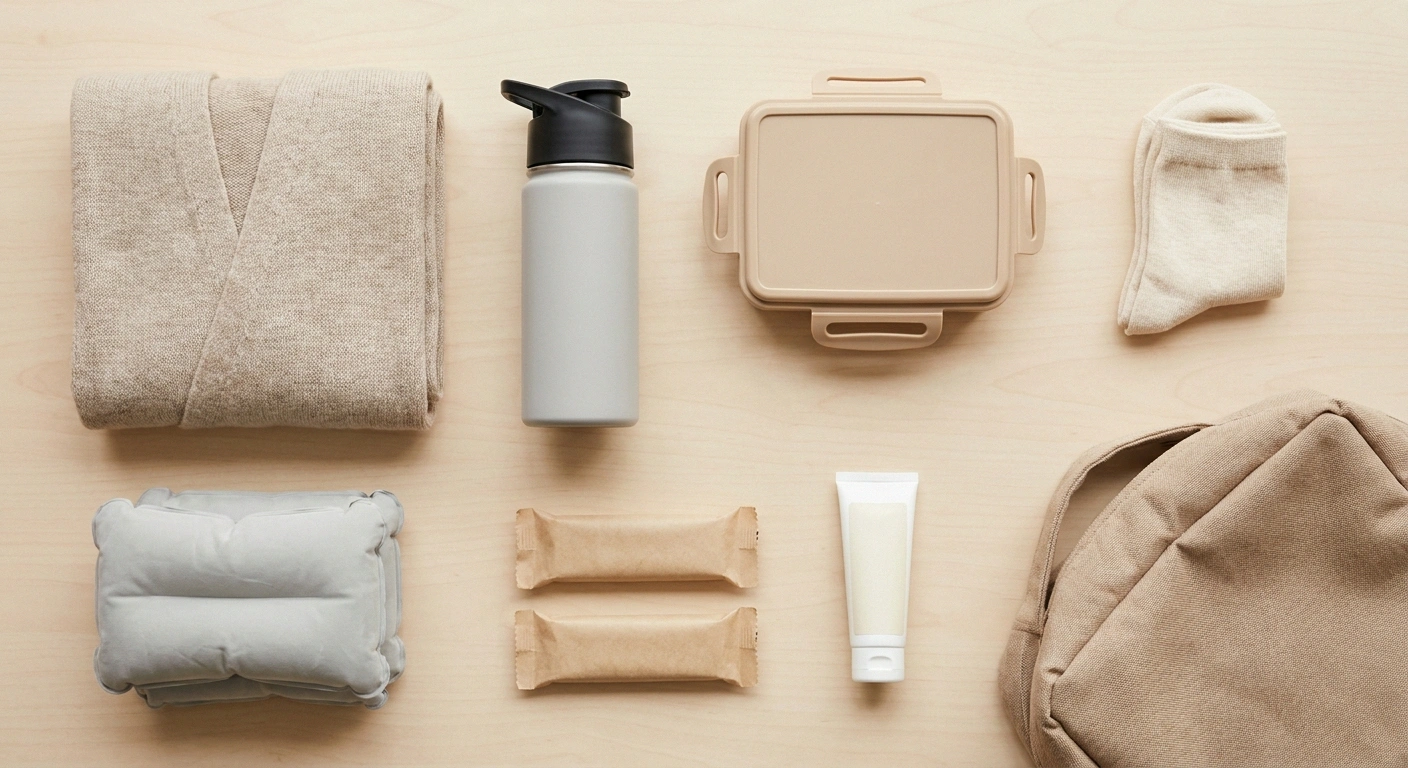 Flat-lay of a small travel day bag contents including wrap, water and pill organizer