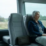 Older woman seated by a coach window watching countryside during a tour drive