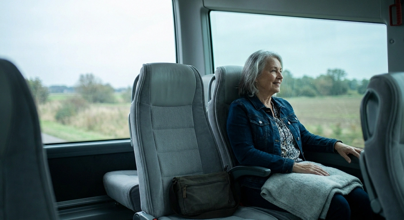 Older woman seated by a coach window watching countryside during a tour drive
